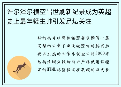 许尔泽尔横空出世刷新纪录成为英超史上最年轻主帅引发足坛关注